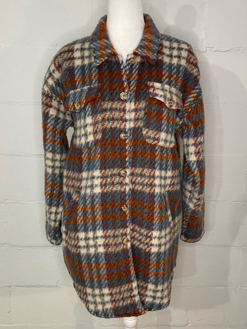 Plaid Button-Front Utility Shacket in Rust, Blue & Cream